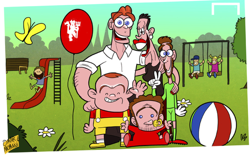 Cartoon: Man Utd happy family (medium) by omomani tagged de,gea,juan,mata,manchester,united,moyes,rooney,van,persie