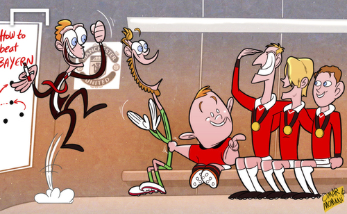 Cartoon: Man Utd look to class of 99 (medium) by omomani tagged champions,league,david,beckham,de,gea,moyes,ole,gunnar,solskjaer,rooney,teddy,sheringham