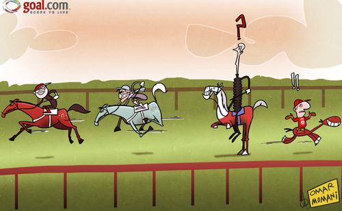 Cartoon: Manchester in two-horse race (medium) by omomani tagged arsenal,brendan,rodgers,ferguson,horse,jockey,liverpool,manchester,city,united,mancini,premier,league,wenger