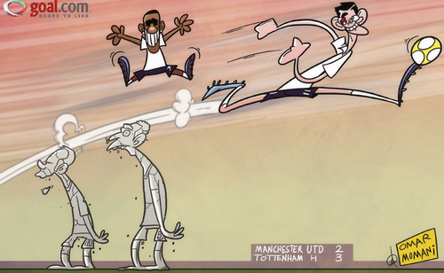 Cartoon: Manchester U Vs Tottenham (medium) by omomani tagged aaron,lennon,gareth,bale,giggs,manchester,united,premier,league,rio,ferdinand,tottenham