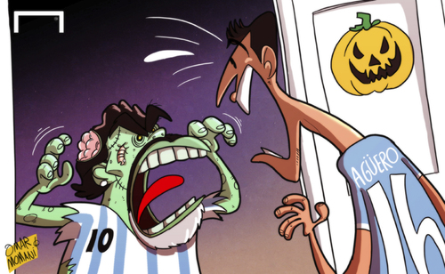 Cartoon: Maradona gives Aguero a scare (medium) by omomani tagged aguero,argentina,diego,maradona,halloween,manchester,city