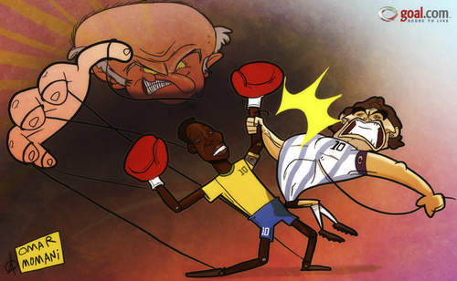 Cartoon: Maradona takes aim at Pele (medium) by omomani tagged switzerland,pele,fifa,maradona,diego,brazil,blatter,argentina