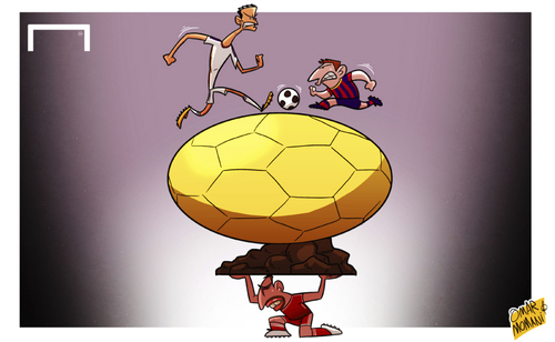 Cartoon: Messi and Ronaldo last chance (medium) by omomani tagged barcelona,bayern,munich,clasico,cristiano,ronaldo,fifa,ballon,dor,la,liga,messi,real,madrid,ribery