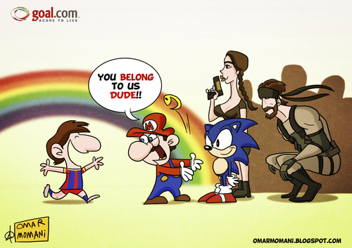 Cartoon: Messi and the Video Games (medium) by omomani tagged messi,barcelona,super,mario,pacman,snake,metal,gear,solid,laura,croft,sonic,sega,nintendo