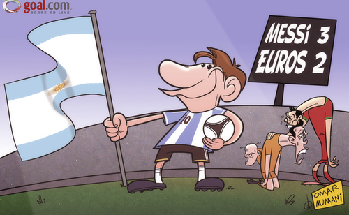 Cartoon: Messi steals the limelight (medium) by omomani tagged euro,2012,messi,argentina,cristiano,ronaldo,van,persie,arjen,robben,netherlands,portugal