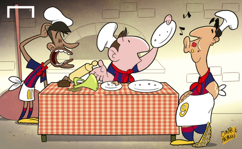 Cartoon: Messi Suarez and Neymar Pizza (medium) by omomani tagged barcelona,messi,neymar,suarez