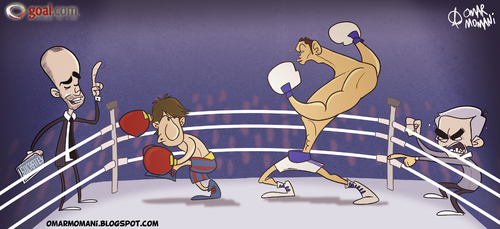 Cartoon: Messi vs Ronaldo (medium) by omomani tagged messi,cristiano,ronaldo,guardiola,mourinho,real,madrid,barcelona