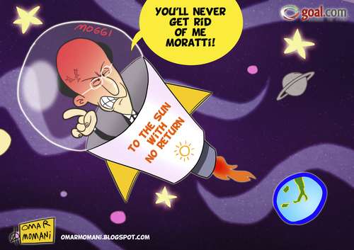 Cartoon: Moggi to the Sun (medium) by omomani tagged moggi,juventus,inter,milan,morrati,italy,seria,earth,space,soccer