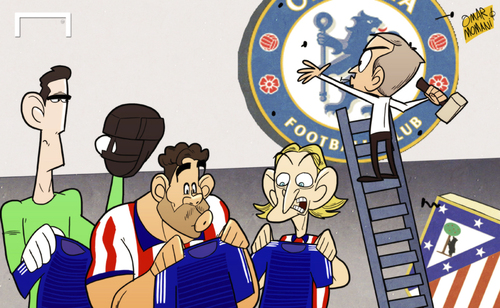 Cartoon: Mourinho gives Chelsea an Atleti (medium) by omomani tagged atletico,madrid,chelsea,diego,costa,filpe,luis,mourinho,thibaut,courtois