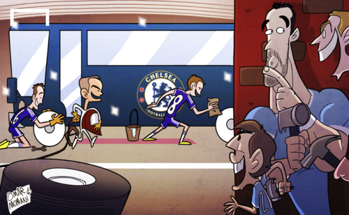 Cartoon: Mourinho readies Chelsea bus (medium) by omomani tagged alvaro,negredo,chelsea,david,silva,edin,dzeko,john,terry,lampard,manchester,city,mourinho,premier,league