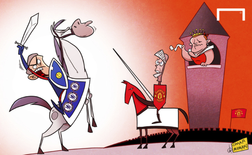Cartoon: Mourinho rides in to rescue Roon (medium) by omomani tagged chelsea,manchester,united,mourinho,moyes,rooney