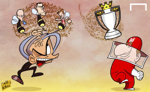 Cartoon: Mourinho stung (medium) by omomani tagged brendan,rodgers,chelsea,fabio,borini,gus,poyet,liverpool,mike,dean,mourinho,premier,league,sunderland