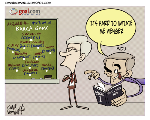 Cartoon: Mourinhos Tactics (medium) by omomani tagged mourinho,wenger,arsenal,barcelona,inter