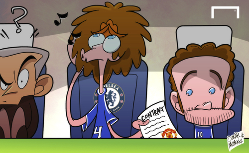 Cartoon: Moyes tries to sneak Mata away (medium) by omomani tagged chelsea,david,luiz,juan,mata,manchester,united,mourinho,moyes