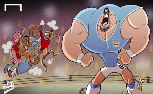 Cartoon: Negredo the beast (medium) by omomani tagged alvaro,negredo,lescott,liverpool,manchester,city,martin,skrtel,premier,league,suarez,vincent,kompany