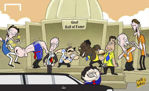 Cartoon: Nominees compete for the GHoF (medium) by omomani tagged diego,maradona,franz,beckenbauer,goal,com,johan,cruyff,maldini,marco,van,basten,michel,platini,pele,ronaldo,zinedine,zidane