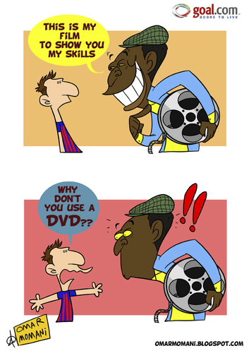 Cartoon: Pele Movie and Messi (medium) by omomani tagged barcelona,argentina,brazil,dvd,film,la,liga,messi,movie,pele,spain