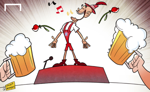 Cartoon: Pep steals the show at Bayern (medium) by omomani tagged grusskarte,grußkarte,ecard,card,zeichnung,caricature,comic,witz,funny,cartoon,karikatur,jürgen,kloppo,pokalfinale,klopp,dortmund,borussia,bvb,finale,endspiel,pokal,dfb,fcb,münchen,guardiola,pep,munich,bayern