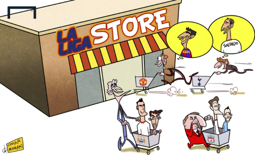 Cartoon: Premier League managers shop (medium) by omomani tagged alvaro,negredo,brendan,rodgers,fabregas,iago,aspas,jesus,navas,la,liga,liverpool,luis,roberto,manchester,city,united,moyes,pellegrini,premier,league,soldado,tottenham,villas,boas