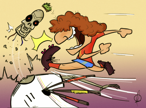 Cartoon: Puyol beats the terminator (medium) by omomani tagged spain,germany,barcelona,pyol,terminator