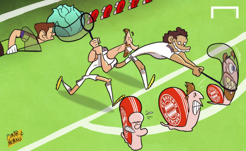 Cartoon: Real Madrid have a snail (medium) by omomani tagged arjen,robben,bayern,munich,casillas,champions,league,mario,mandzukic,pepe,ramos,real,madrid,ribery