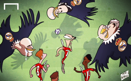 Cartoon: Real vultures close in on Suarez (medium) by omomani tagged zinedine,zidane,perez,ancelotti,suarez,daniel,sturridge,steven,gerrard,real,madrid,liverpool