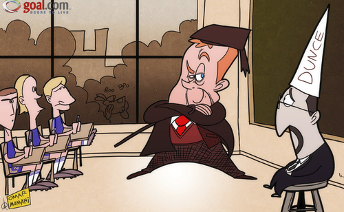 Cartoon: Redknapp teaches dopey Benitez (medium) by omomani tagged branislav,ivanovic,chelsea,dunce,marko,marin,premier,league,qpr,rafael,benitez,redknapp,torres