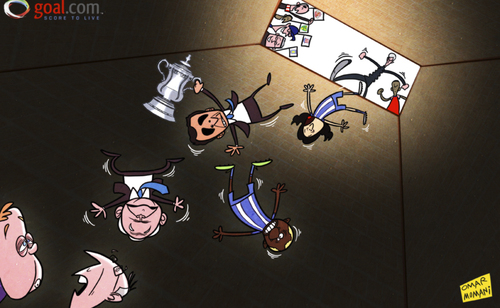 Cartoon: Relegated Wigan fall (medium) by omomani tagged arouna,kone,arsenal,dave,whelan,fa,cup,nigel,adkins,premier,league,redknapp,roberto,martinez,roger,espinoza,wenger,wigan