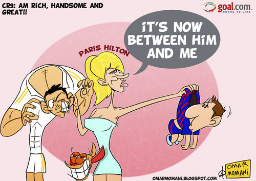 Cartoon: rich handsome and a great (medium) by omomani tagged argentina,barcelona,cristiano,ronaldo,john,la,liga,messi,paris,hilton,portugal,real,madrid,ren,spain,usa