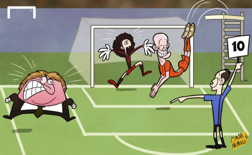 Cartoon: Robben dive sinks fuming Mexico (medium) by omomani tagged arjen,robben,guillermo,ochoa,mexico,miguel,herrera,netherlands,pedro,proenca,world,cup,2014