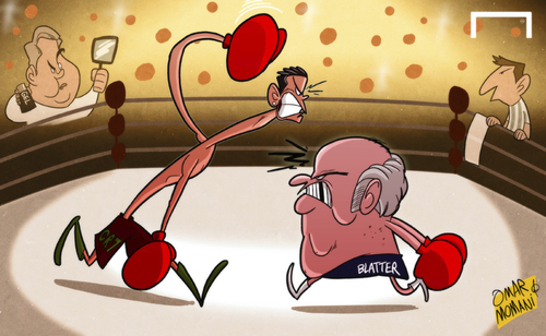 Cartoon: Ronaldo and Blatter do battle (medium) by omomani tagged ancelotti,argentina,barcelona,blatter,cristiano,ronaldo,messi,portugal,real,madrid