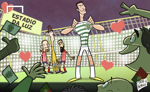 Cartoon: Ronaldo back in Lisbon (medium) by omomani tagged turan,arda,courtois,thibaut,lisbon,sporting,real,luis,filipe,luz,da,estadio,ronaldo,cristiano,league,champions,madrid,atletico