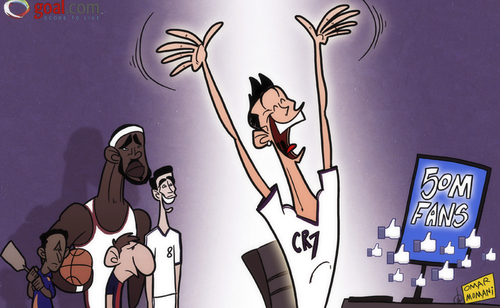 Cartoon: Ronaldo eclipses Messi (medium) by omomani tagged cristiano,ronaldo,messi,kaka,real,madrid,facebook,lebron,james,dwayne,wade