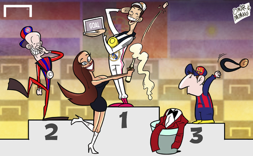 Cartoon: Ronaldo named Goal 50 winner (medium) by omomani tagged arjen,robben,barcelona,bayern,munich,cristiano,ronaldo,goal50,irina,shayk,messi,real,madrid