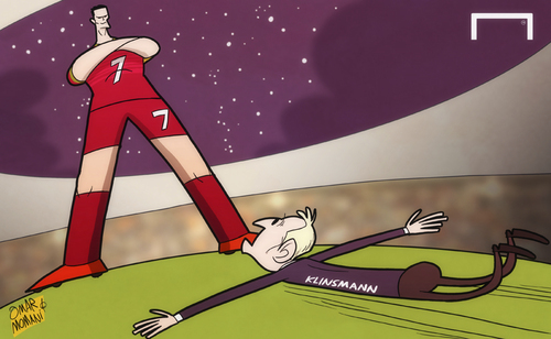 Cartoon: Ronaldo stops USA in their track (medium) by omomani tagged cristiano,ronaldo,klinsmann,portugal,usa,world,cup,2014