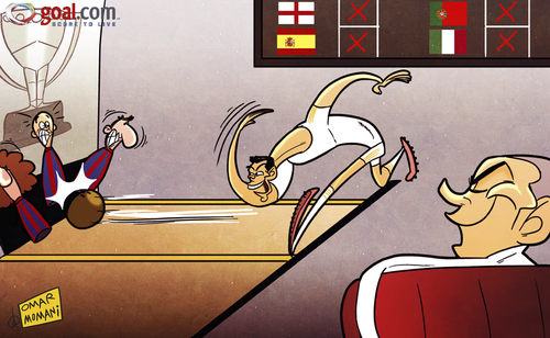 Cartoon: Ronaldo strikes again (medium) by omomani tagged cristiano,ronaldo,guardiola,la,liga,messi,mourinho,puyol,real,madrid