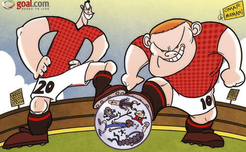 Cartoon: Rooney and Van Persie (medium) by omomani tagged arsenal,brendan,rodgers,chelsea,david,luiz,liverpool,manchester,city,united,mancini,premier,league,reina,rooney,van,persie,wenger