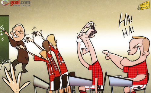 Cartoon: Rooney mocks class dunce RVP (medium) by omomani tagged ferguson,manchester,united,nemanja,vidic,rooney,ryan,giggs,scholes,van,persie