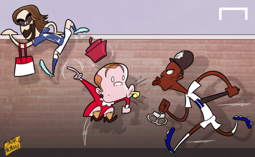 Cartoon: Scholes orders Welbeck (medium) by omomani tagged danny,wellbeck,england,italy,pirlo,scholes,world,cup,2014