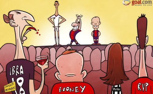 Cartoon: Sour grapes for Zlatan over Mess (medium) by omomani tagged barcelona,cristiano,ronaldo,fifa,ballon,or,ibrahimovic,iniesta,juventus,manchester,united,messi,paris,saint,germain,pirlo,real,madrid,rooney,van,persie,wine