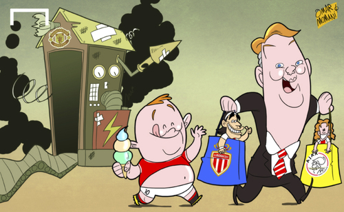 Cartoon: Spending spree threatens identy (medium) by omomani tagged ajax,daley,blind,falcao,manchester,united,monaco,rooney,van,gaal