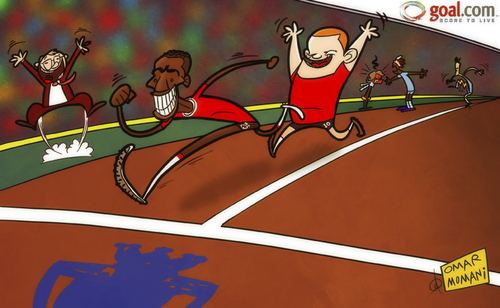 Cartoon: sprint for the finish (medium) by omomani tagged aguero,antonio,valencia,balotelli,england,ferguson,manchester,city,united,mancini,premier,league,rooney