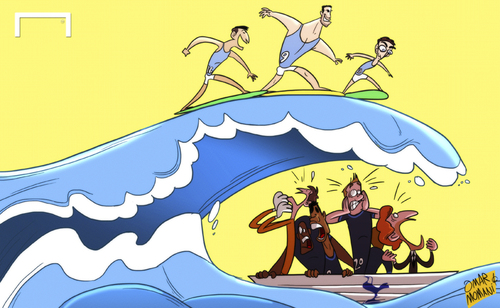 Cartoon: Spurs sink under Man City wave (medium) by omomani tagged aguero,alvaro,negredo,hugo,lloris,jesus,navas,manchester,city,michael,dawson,paulinho,premier,league,tottenham,villas,boas,younes,kaboul