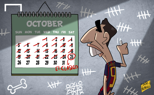 Cartoon: Suarez counting down the days (medium) by omomani tagged barcelona,clasico,la,liga,suarez