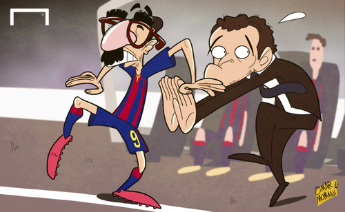 Cartoon: Suarez gearing up for debut (medium) by omomani tagged barcelona,claudio,bravo,luis,enrique,suarez