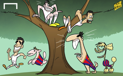 Cartoon: Suarez heads to Barcelona (medium) by omomani tagged barcelona,cristiano,ronaldo,gareth,bale,isco,messi,neymar,real,madrid,suarez