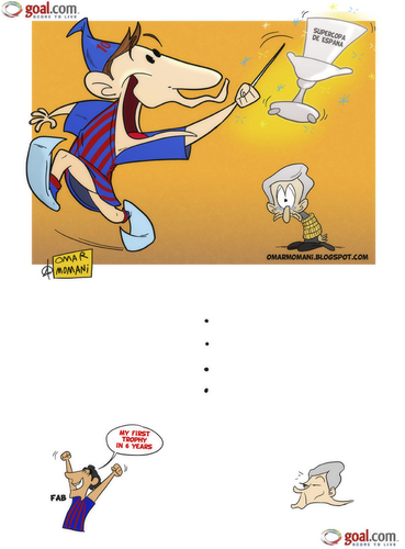 Cartoon: Supercopa de Espana 2d leg (medium) by omomani tagged messi,mourinho,fabregas,wenger,barcelona,real,madrid,arsenal,argentina,portugal,spain,france,supercopa,de,espana,la,liga,premier,league