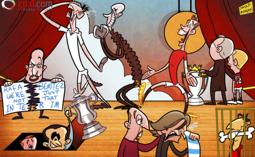 Cartoon: Tears and cheers (medium) by omomani tagged david,platt,fa,cup,ferguson,gareth,bale,mancini,premier,league,rafael,benitez,redknapp,roberto,martinez,scholes,suarez,van,persie,wenger