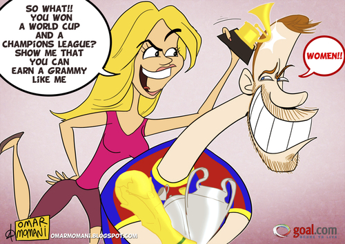 Cartoon: Teasing Shakira (medium) by omomani tagged pique,shakira,barcelona,football,la,liga,spain,colombia,grammy,world,cup,champions,league