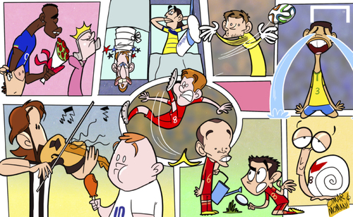 Cartoon: the Goal 50 absentees (medium) by omomani tagged goal50,falcao,casillas,balotelli,iniesta,ozil,pirlo,queen,elizabeth,ribery,rooney,steven,gerrard,thiago,silva,xavi